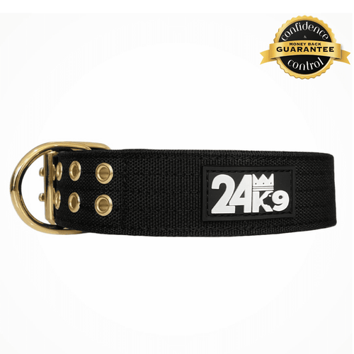 The dog collar by 24K9 is a heavy duty dog collar used to help dog owners walk their dogs. 